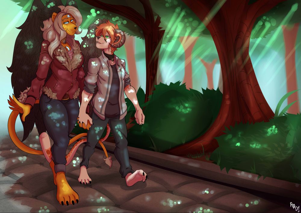 Mids and Talen in different clothing than they are usually depicted having a daytime stroll.