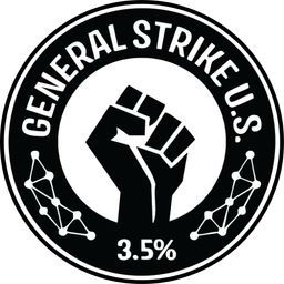 Logo for the general strike shows a raised fist. 