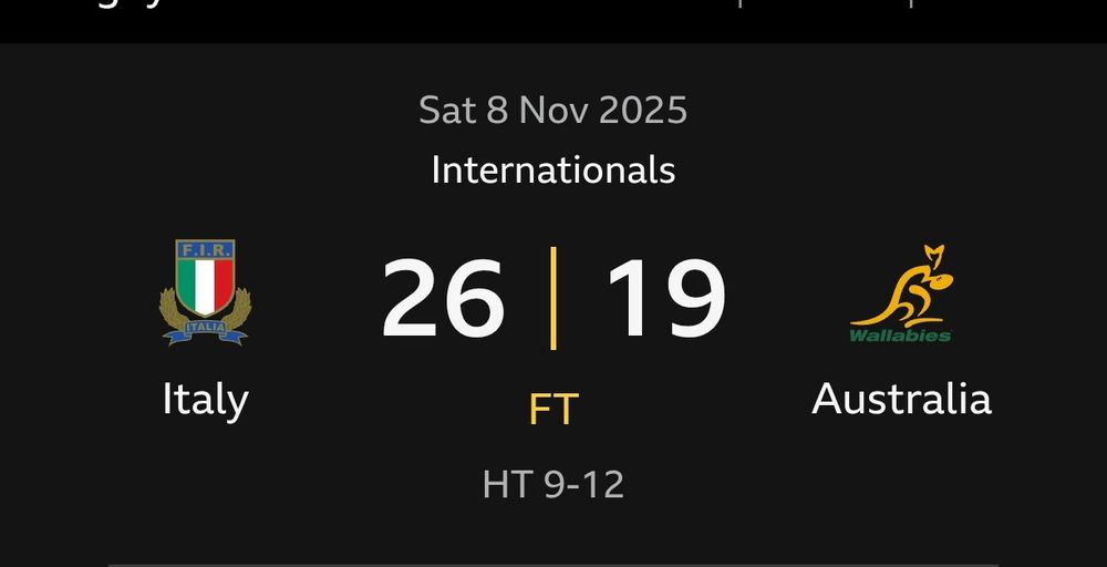 Screenshot from the BBC Sport app. Italy beat Australia 26-19 at rugby. 
