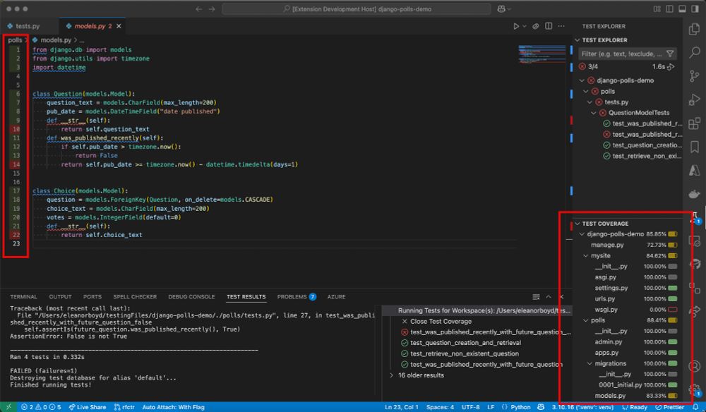 VS Code window after coverage was run on a Django tester project.