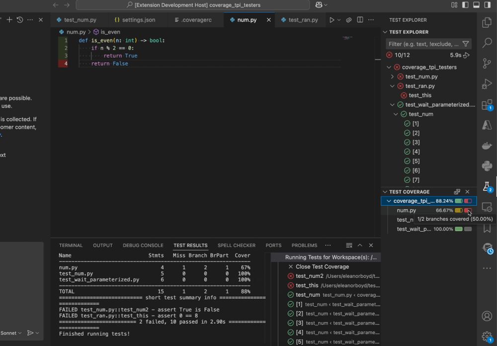 Screenshot of VS Code with the test coverage open and the branch coverage for file num.py hovered over.