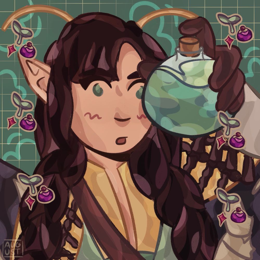 druid with two brown braids wearing a yellow and green outfit is holding a green tonic, she has dark colored wings and green eyes and is against a green background with doodles of potions leaves and stars around her 