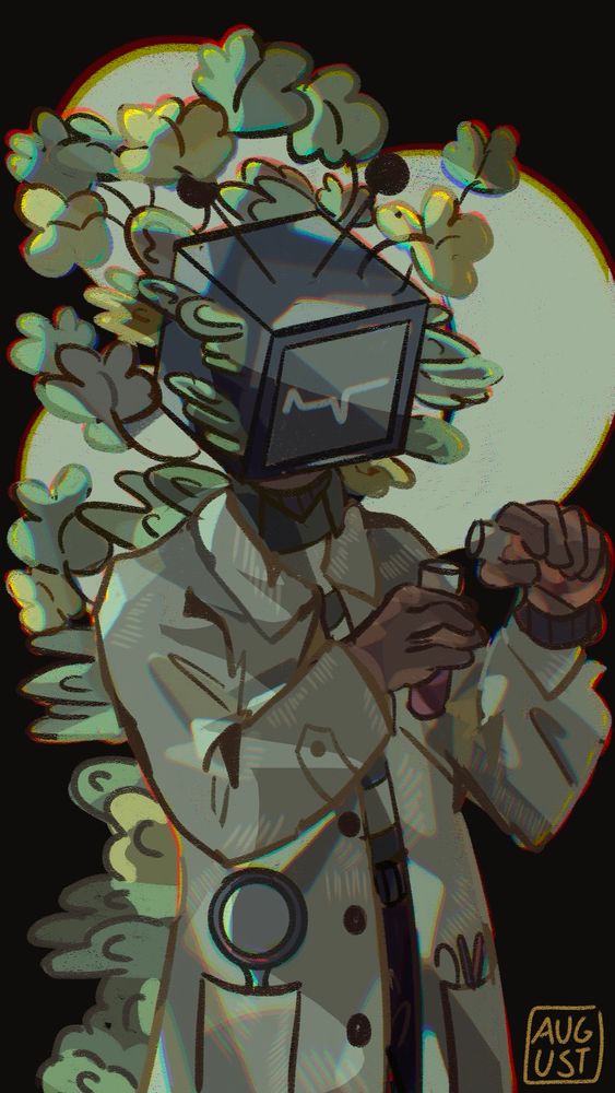 my oc ghost wearing a white lab coat, a grey tv head and is pouring into vials as plants grow behind them 