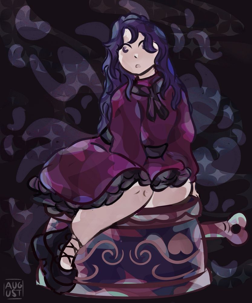 mafuyu from project sekai in a purple dress and black shoes on a purple colored music box against a dark background with stars 