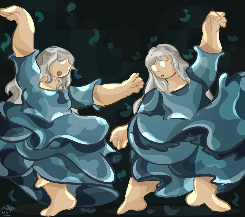 two drawings of june who has grey hair white eyes and pale skin dancing barefoot in a blue dress 