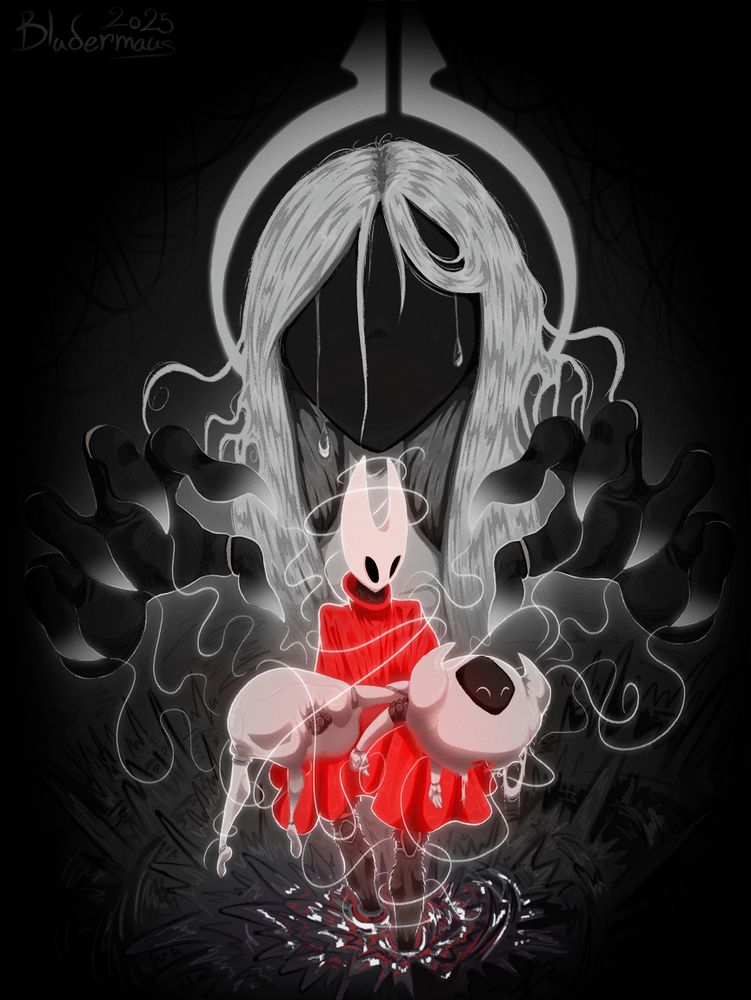 Artwork depicting imagery of one of the last 3 minutes from the game Silksong's true ending.

In this picture we have Hornet standing ankles-deep on pure dark void, with the character Lace in her arms passed out. Behind them, the antagonist Grand Mother Silk sheds tears from her eyes as she sacrifices her silk - her very own essence - so Hornet can charge a super jump to escape the dark-enveloped silk cocoon the final fight takes place, so her daughter Lace gets to live.

While the whole picture is painted in black and white, Hornet's white and black bits have a soft redness to it and her red cloak is very much contrasted against the rest of the picture. She even has a soft red glow to her, not only showing how much color she brings to the place with her aura, but also - unlike everyone else in the image - she never truly lost hope and kept that scarlet fire inside of her burning hot.