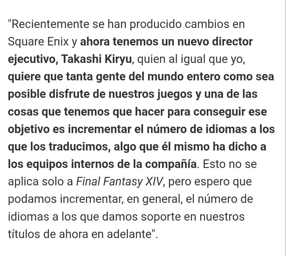 Comentario de Naoki Yoshida sobre la traducción al español de juegos de Square Enix