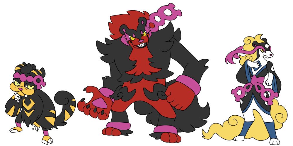 Designs of the pokemon Raikou, Entei, and Suicune, but if they were in the place of Munkidori, Okidogi, and Fezandipiti. Raikou looks like an angry conniving cat with tiger stripes, Entei a strong angry lion, and Suicune a sly confident leopard.