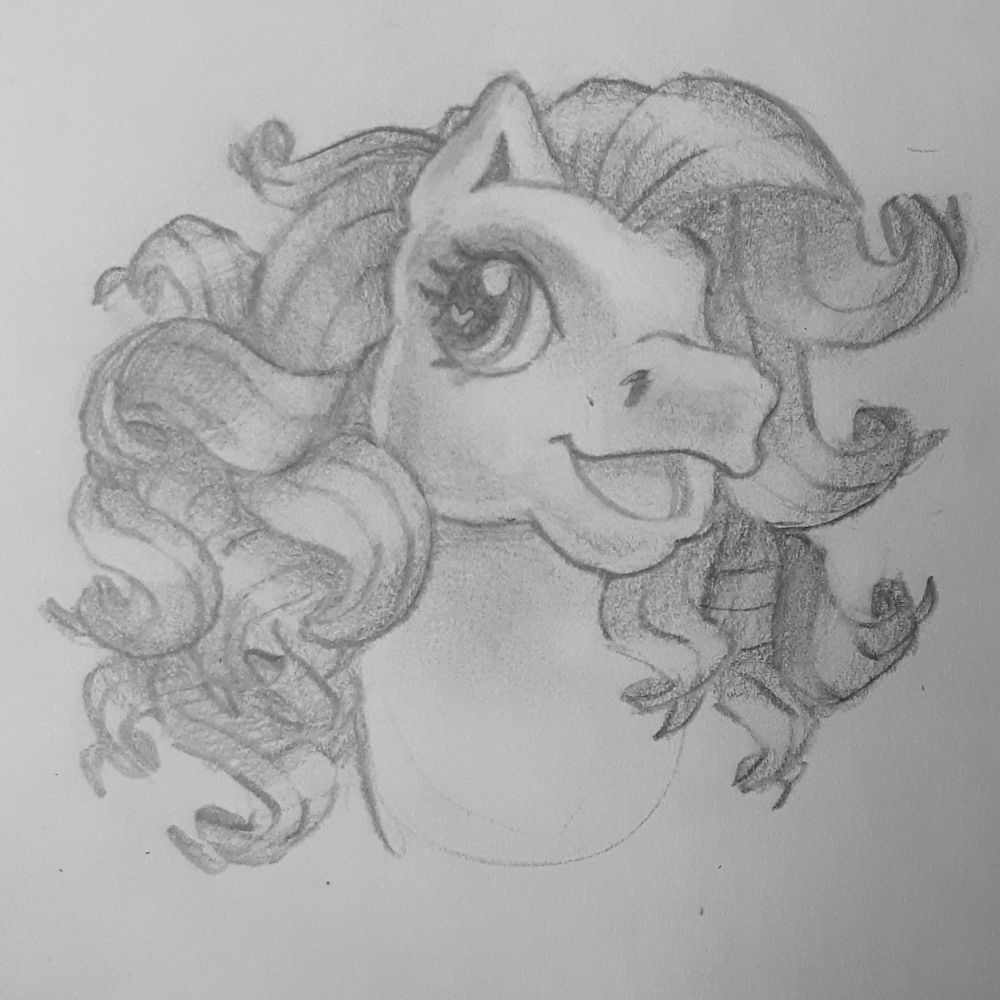 A bust of a pony drawn in the style of Generation 3 my little pony, in pencil on paper. The pony has very curly hair.