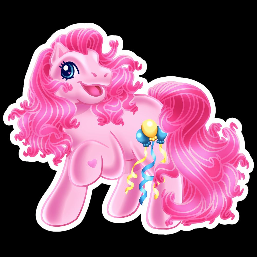 An image of pinkie pie from my little pony, friendship is magic, but drawn in the my little pony generation 3 box art style. She has a 3D cutie mark with ribbons, dark pink hair, a light pink coat, and blue eyes.