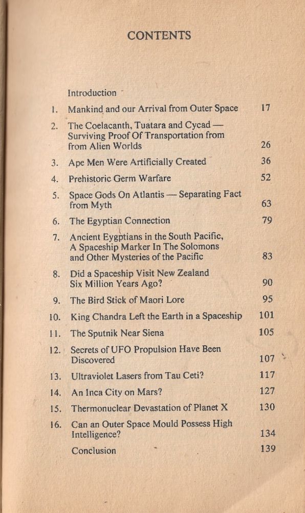 Table of contents including chapters titled Ultraviolet Laser from Tau Ceti? and Thermonuclear Devastation of Planet X!
