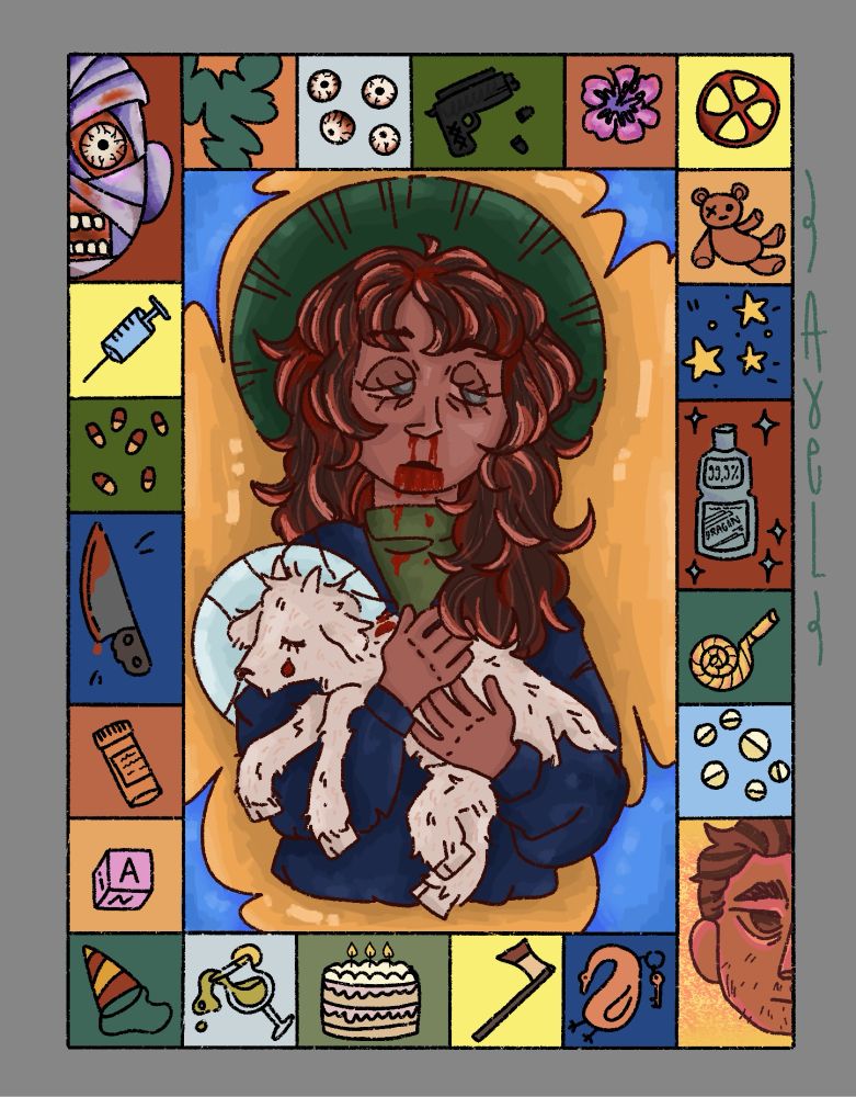 A drawing from the indi game Mouthwashing representing the character Any holding a lamb