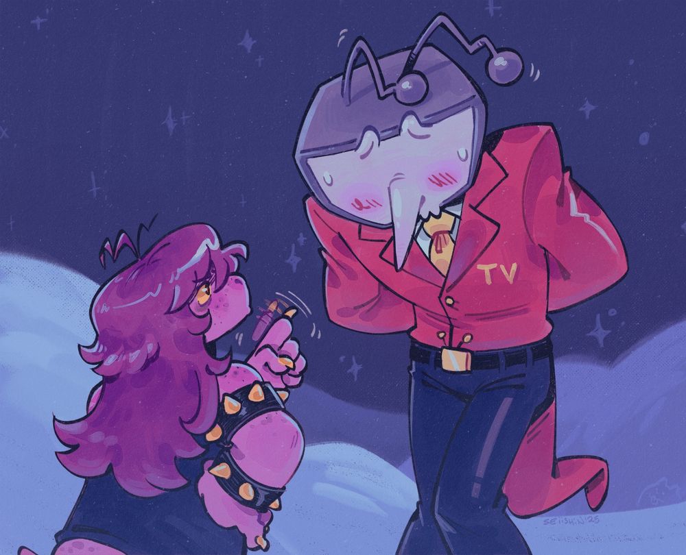 Fan art of Susie and Tenna from Deltarune. Susie is looking up at tenna with a hand on her hip and wagging a finger at Tenna in a scolding manner. Tenna is shyly hunched over and looking away from her in shame, arms behind this back, knees knocked together.