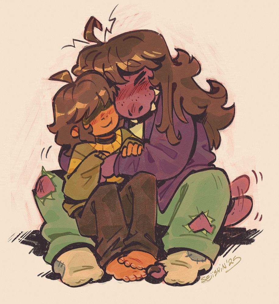 Fan art of Kris and Susie from Deltarune. They're both sat on the ground, Kris between Susie legs as she holds them in a big embrace from behind. She has her face squished against theirs affectionately. Kris has a small smile on their face as they hold onto Susie's arms.