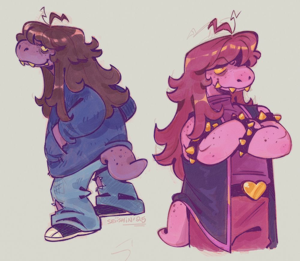 Fan art of Susie from Deltarune. The left is a fullbody drawing of her in her regular clothes, facing the left with her with her hand in her pockets and her tail peeking out the bottom of her jacket. Her face is angled at the viewer is a wry smile on her face, some of her teeth poke out her mouth. The right is a halfbody drawing of Susie in her dark world form, strong, thick arms crossed with an upright posture and a similarly expression to the left drawing, if not a bit more intimidating.