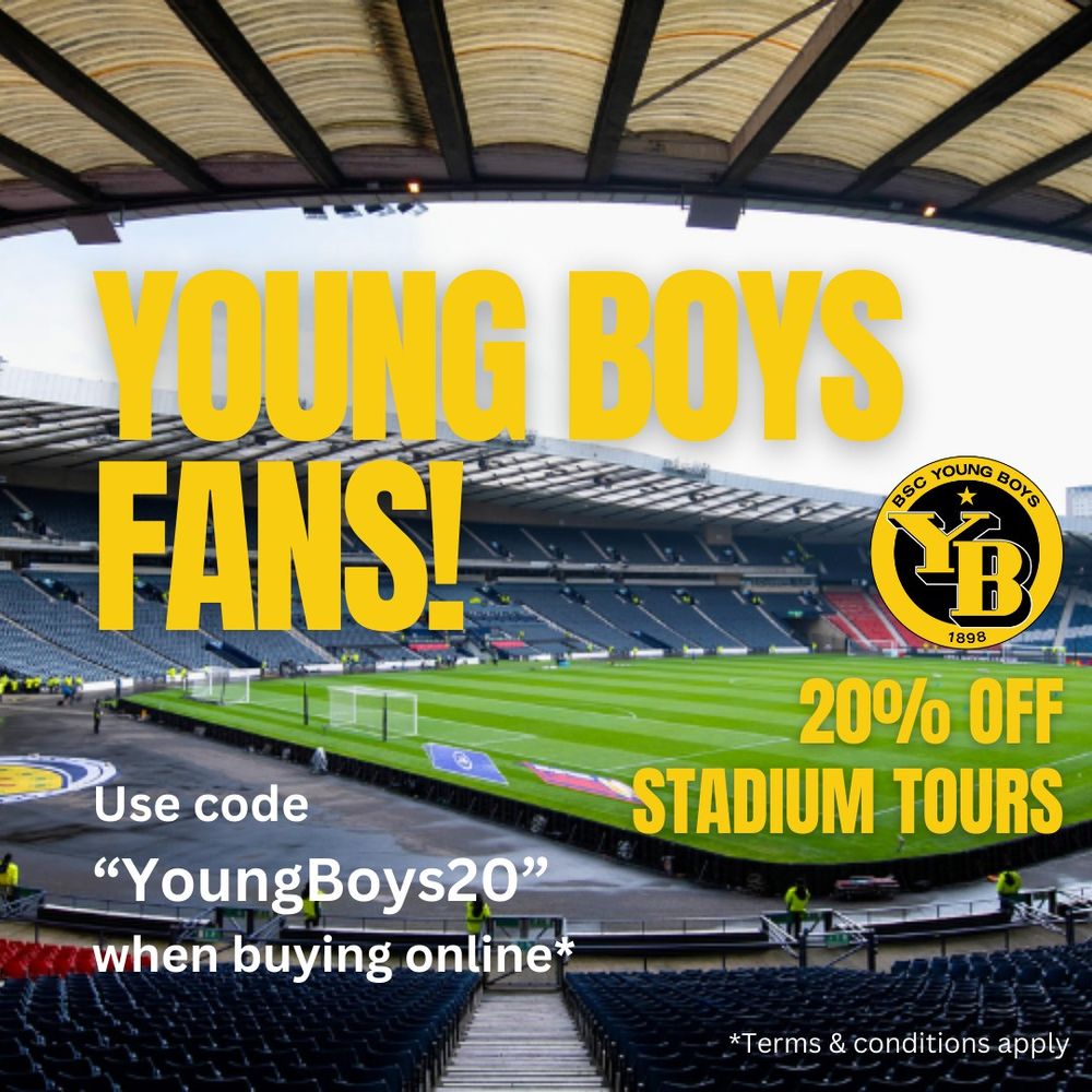 An image of Hampden Park in the daytime with the BSC Young Boys crest overlaid beside the following text:

Young Boys fans! 20% off stadium tours
Use code "YoungBoys20" when buying online*
*terms & conditions apply