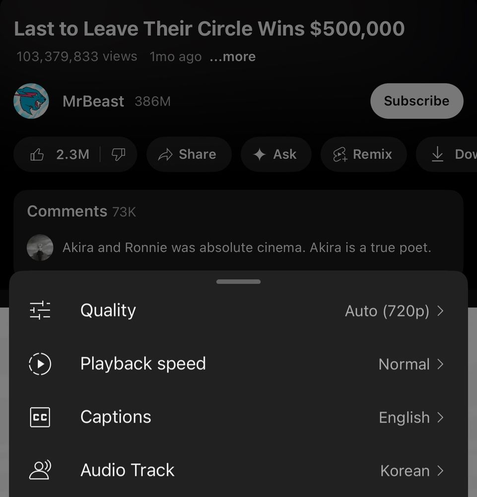 Screenshot of MrBeast's "Last to Leave Their Circle Wins $500,000" video on Youtube Mobile with settings menu open, showing the Audio Track option set to Korean.
