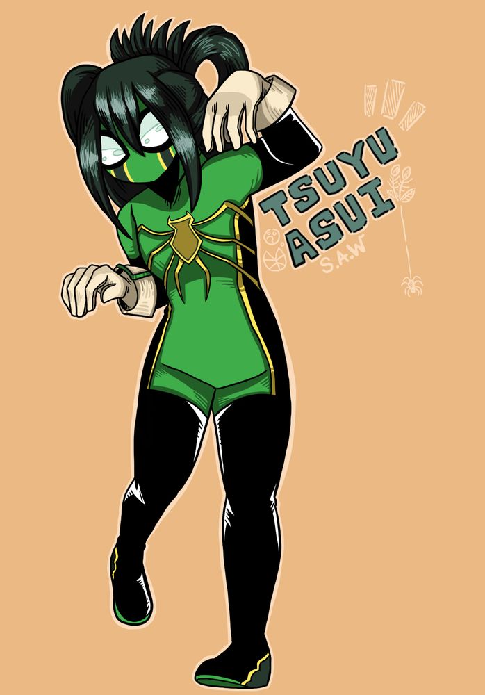 A full body drawing of Tsuyu Asui from My Hero Academia, she is wearing an altered version of her Hero Outfit, with a full face mask and a large Spider Lego on her chest, next to her "Tsuyu Asui" is written, with a cartoony Spider on a web hanging from it.