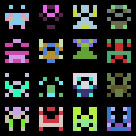 alt a 4x4 grid of multicolored 6x6 pixel aliens a la space invaders