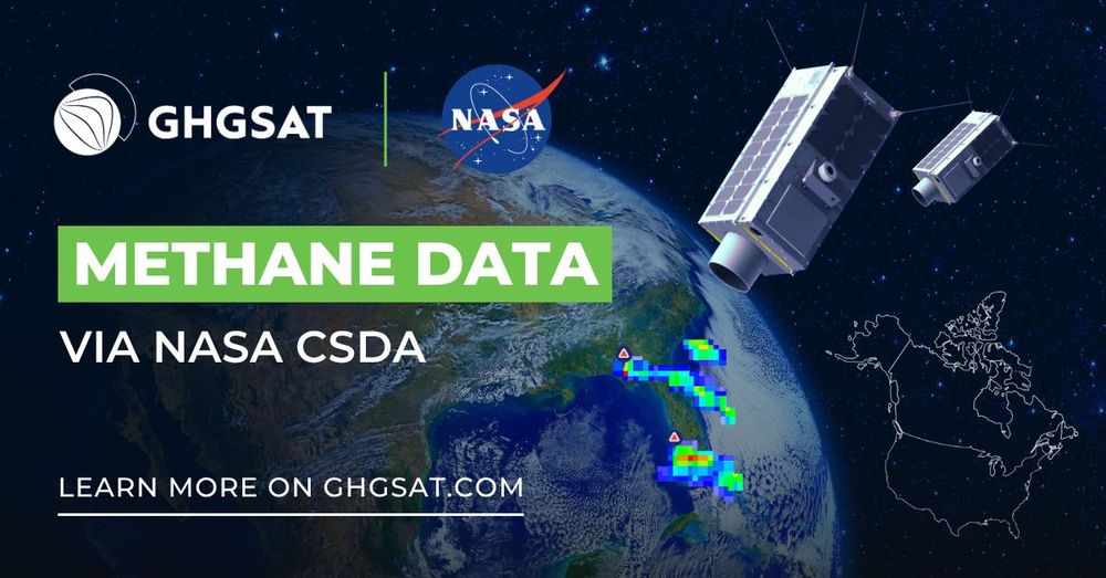Rendering showing GHGSat satellites orbiting Earth with visualizations of plumes in rainbow colour ramps. The GHGSat and NASA logos are visible with the text "Methane Data via NASA CSDA. Learn more on ghgsat.com".