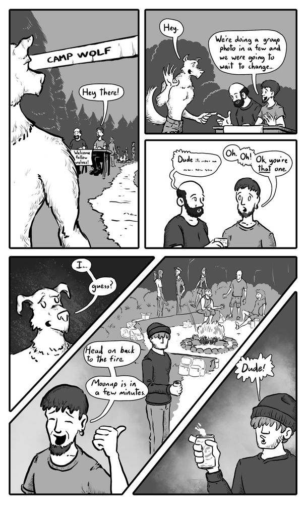 Aside - Wolf Camp - Page 1. Wolfie goes to camp and is confused at his strange reception.