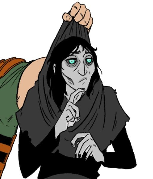 A cropped drawing of Knell, a grey-skinned, underfed man in ragged monk-like black robes, with eerily glowing aquamarine eyes and greasy, lanky shoulder length hair.