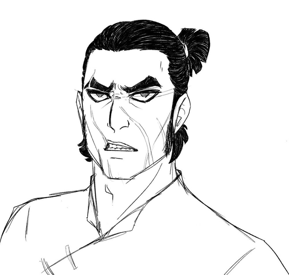 A rough drawing of Percy with longer hair half tied back in a little cute ponytail that does not match his murderous resting face.