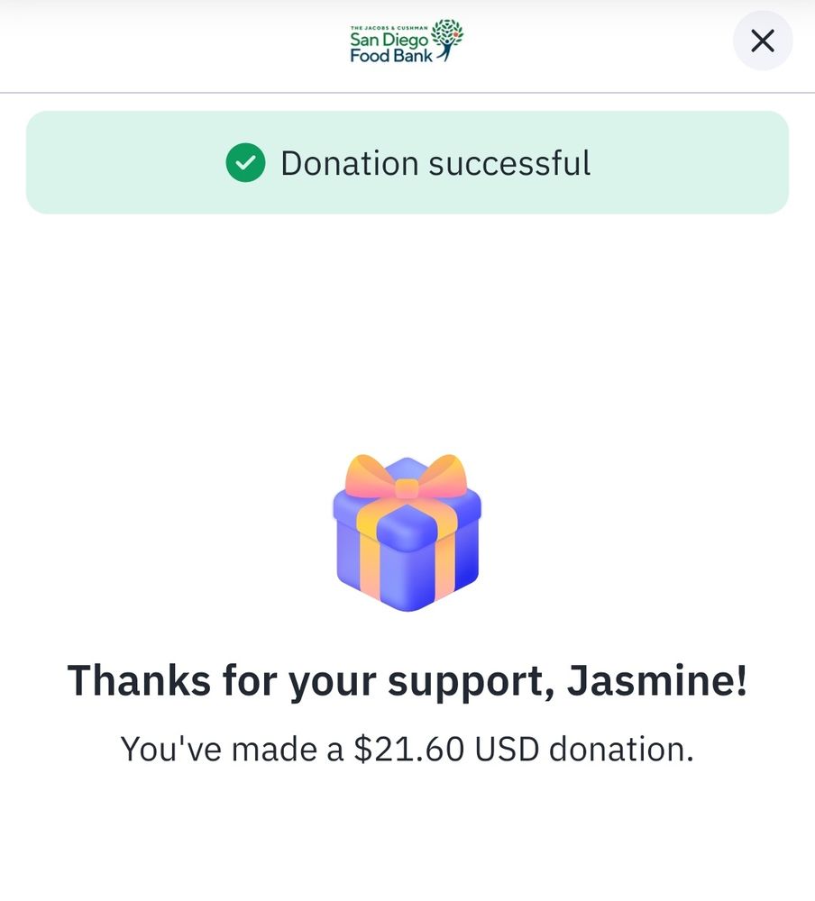 A screenshot from the San Diego Food Bank website confirming a payment of $21.60.