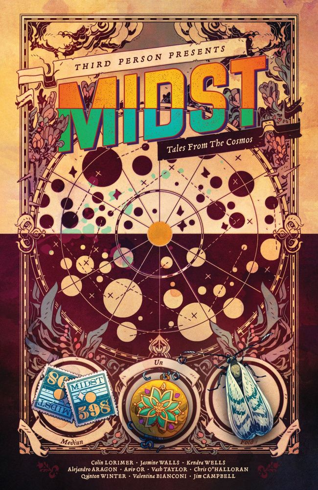 The cover for MIDST: Tales From the Cosmos, drawn by Will Kirkby and resembling a stylized astrology map with token from each of the 3 short comics in the collection.
I worked on the second story, The Valorous Farmer, with Aviv Or (inks), Quinton Winter (colors), and Jim Campbell (lettering)