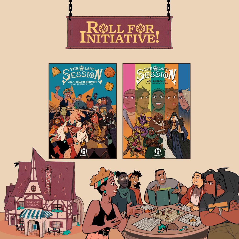 A double cover announcement for The Last Session volumes 1 & 2 no available for preorder. Along with the two covers is an illustrated old-school hanging sign that reads: Roll For initiative! a stylized germanic tavern with a modern cafe awning, and the crew from the first Last Session volume gathered around a table to play, papers and dice scattered around.
Both volumes were co-created by Jasmine Walls (writer), DOZERDRAWS (artist), and Micah Myers (letterer)