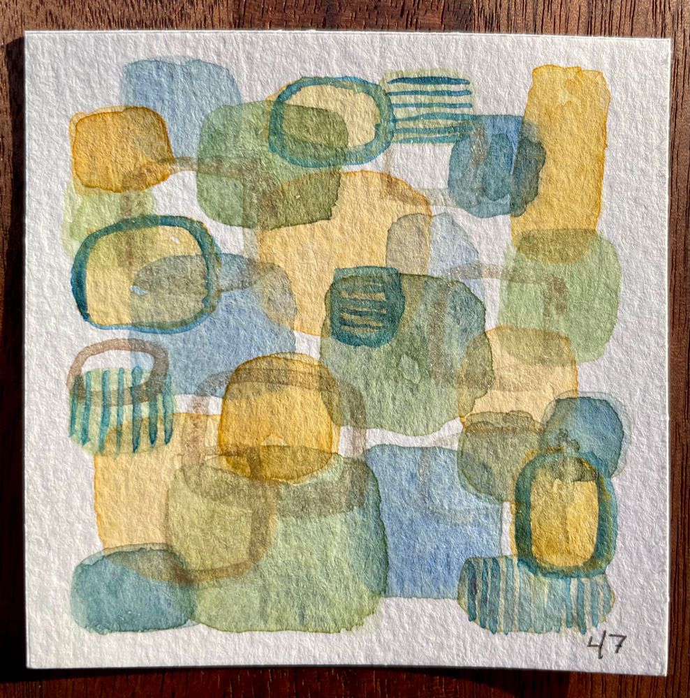 Abstract watercolor painting with rounded rectangles in muted ochre, blue and green, with glimmering gold and dark blue accents.