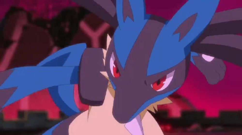 a blue and purple pokemon with red eyes is fighting another pokemon