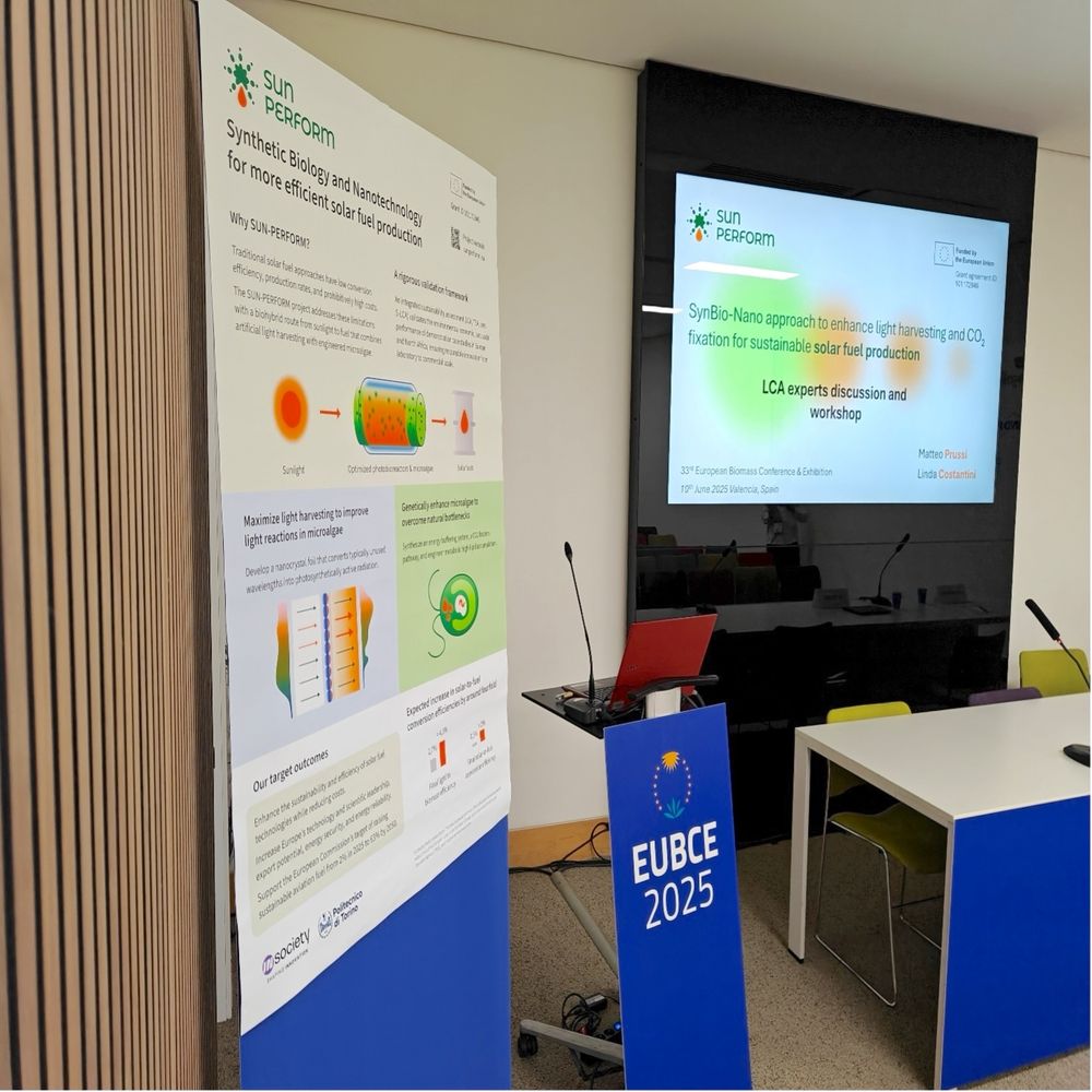 A poster and slide presentation about a project working on alternative fuels. The poster and slide are positioned next to an empty lectern, together forming the stage area of a European conference on biomass.