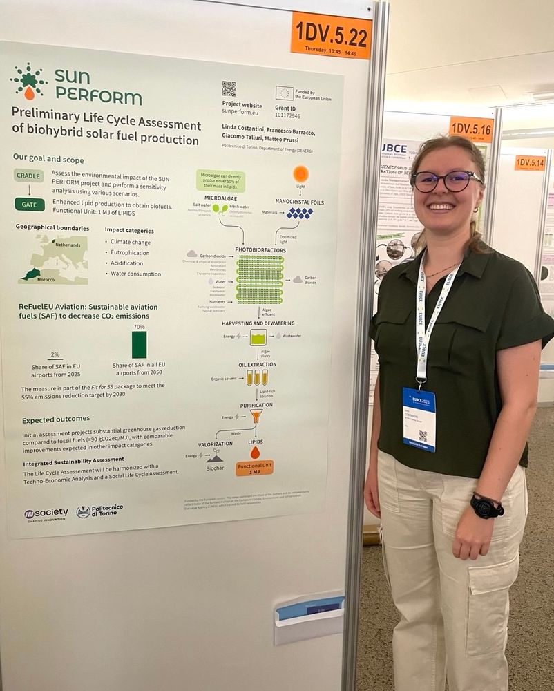 A person stands next to a scientific poster presenting the preliminary life cycle assessment pathway for a project that combines microalgae and nanocrystals in photobioreactors to enhance the production of lipid precursors for fuels.