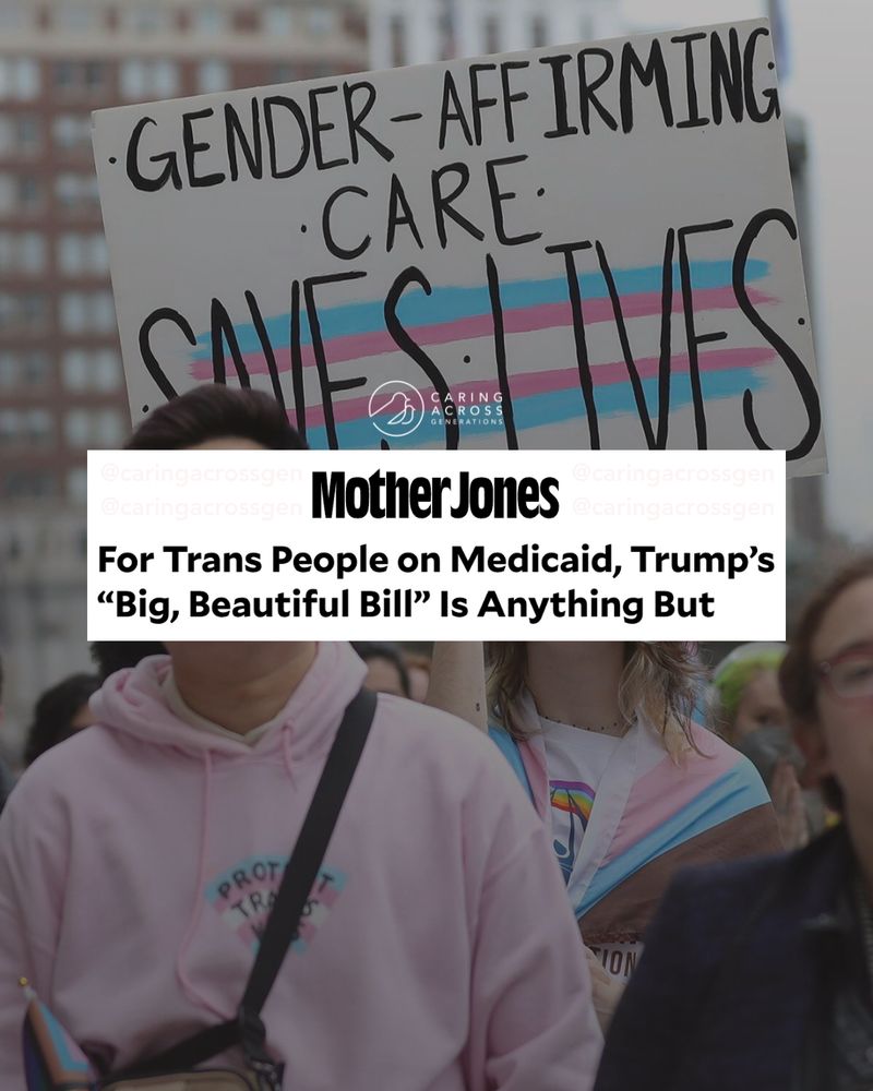 Individuals participate in a rally holding signs; one reads "Gender-affirming care saves lives."