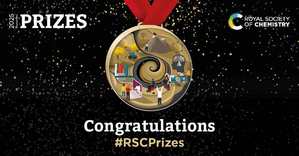 Congratulations banner from the Royal Society of Chemistry featuring a medallion with symbolic icons representing various scientific elements and achievements, surrounded by a stardust background with the text "#RSCPrizes".