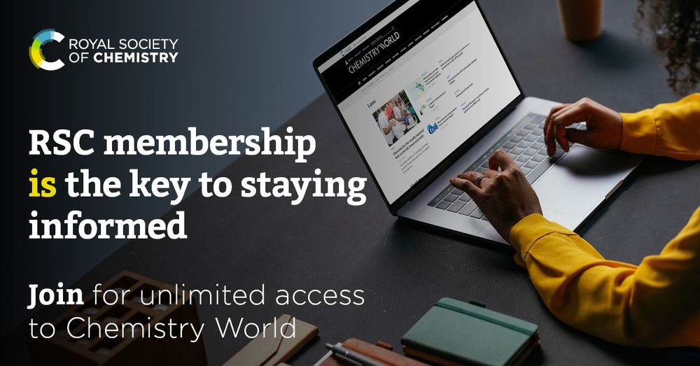 A person is browsing the Royal Society of Chemistry membership page on a laptop, with the text 'RSC membership is the key to staying informed' and 'Join for unlimited access to Chemistry World' displayed.