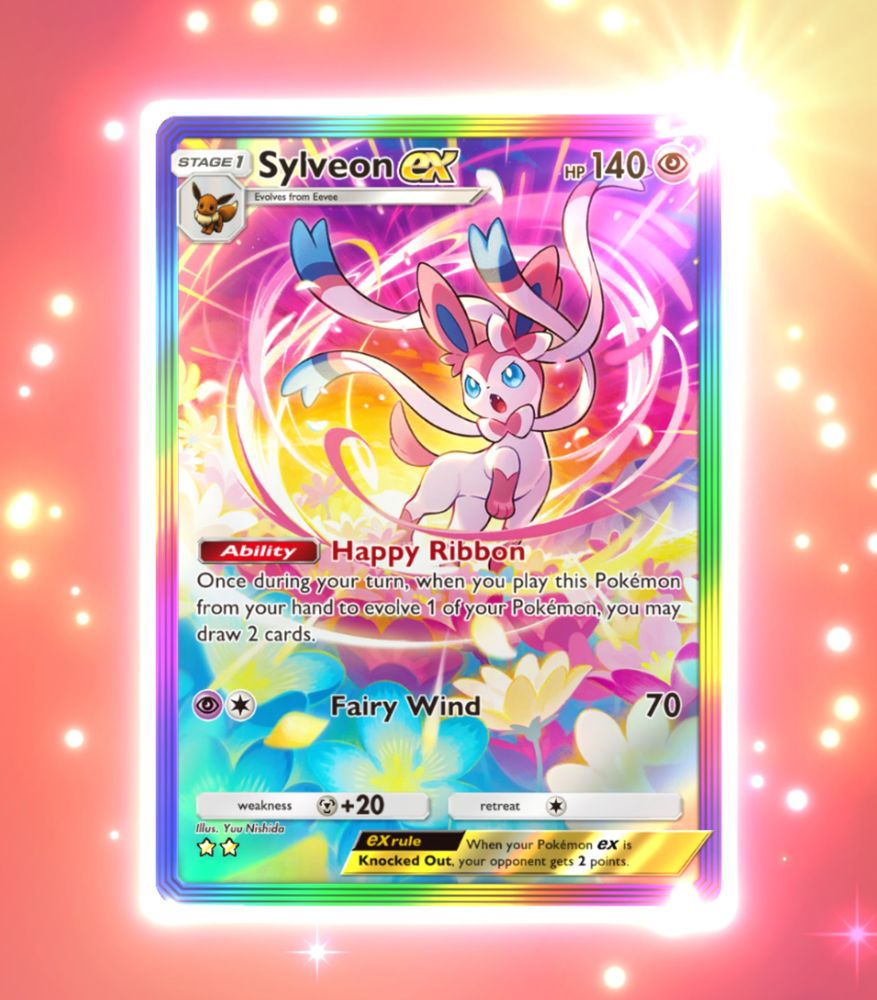 Screenshot of the app Pokemon TCG Pocket, showing my acquisition of the Rainbow Rare Sylveon EX card!!!