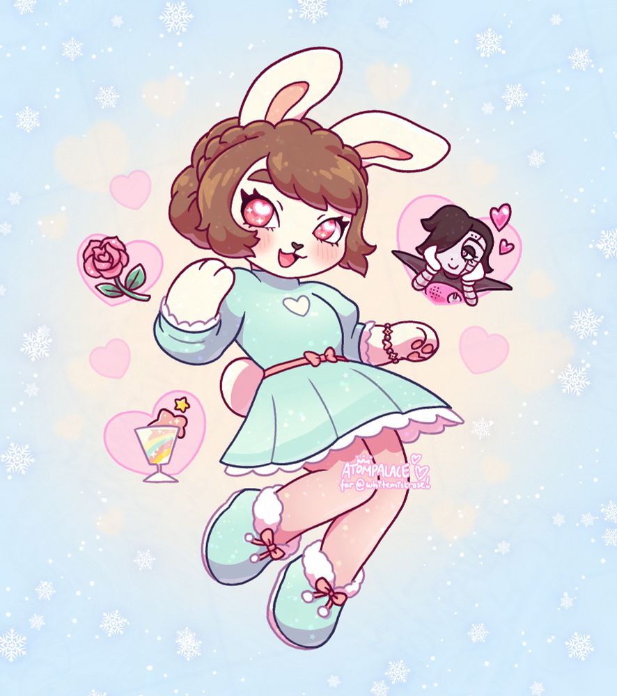 Illustration of @whitemistrose’s Undertale OC Laima, posing with three hearts floating around her containing Mettaton, a starfait, and a rose. Happy Birthday Tasha!!!! 💗💗💗