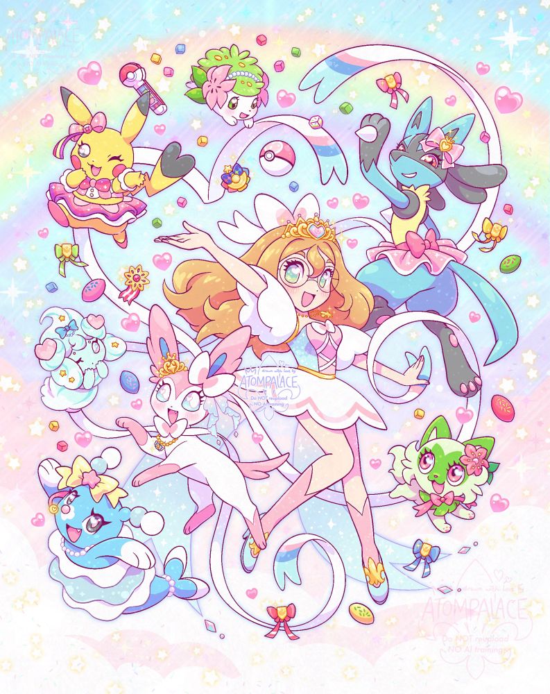 Illustration of my Trainersona, Fairy Princess Sol, and several of her Pokémon (Sylveon, Lucario, Shaymin, Popstar Pikachu, Alcremie, Brionne and Sprigatito), jumping energetically against a pink and blue cloudy scene with a rainbow ahead; they are surrounded by glitter, hearts, and floating Contest Ribbons, a Love Ball, Poffins and Pokeblocks.