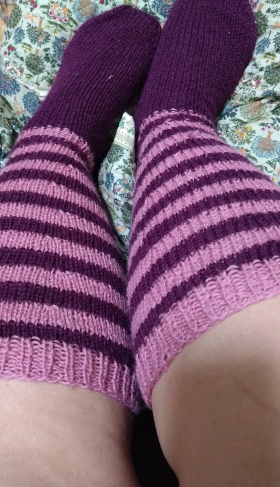 両足分編めたボーダーの靴下
ピンクと紫