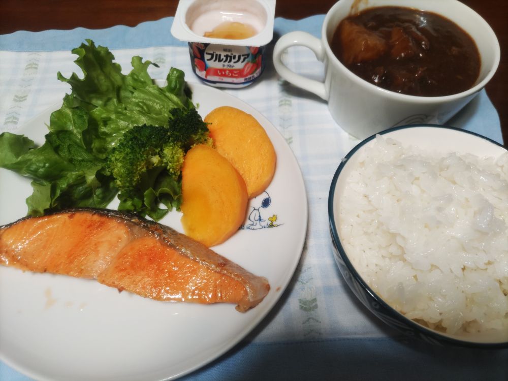 鮭の塩焼、ビーフシチュー、ヨーグルト、ごはん。鮭にはレタス、ブロッコリー、柿が添えてある