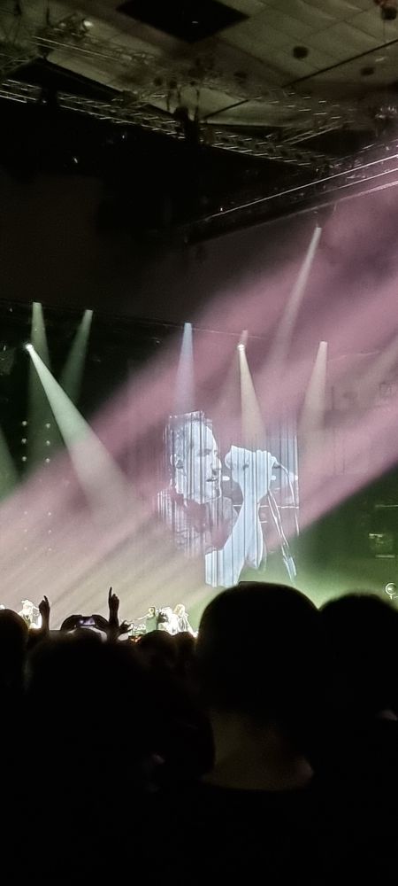 Ein Konzertfoto aus der Wiener Stadthalle zeigt Trent Reznor, den Frontmann von Nine Inch Nails (NIN), auf einer großen Projektion hinter der Bühne. Er steht am Mikrofon und singt, dramatisch beleuchtet von mehreren Scheinwerfern. Im Vordergrund sind die Silhouetten von Konzertbesuchern zu sehen.