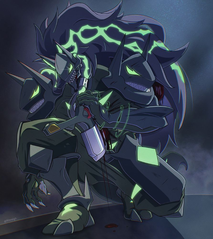 Susano'o from BlazBlue kneeling and wounded, angrily standing up