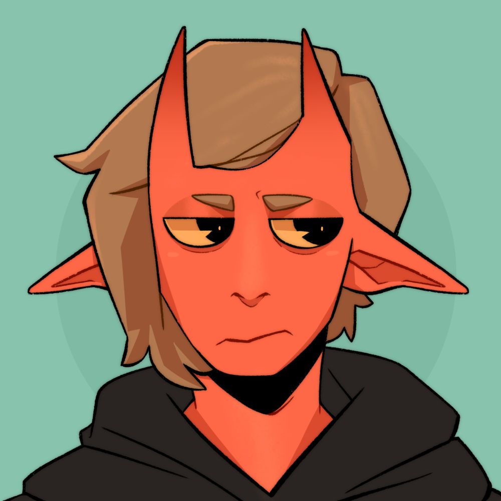 An image of a red devil boy, with medium length brown hair. He is wearing a black hoodie and has a grumpy expression. 