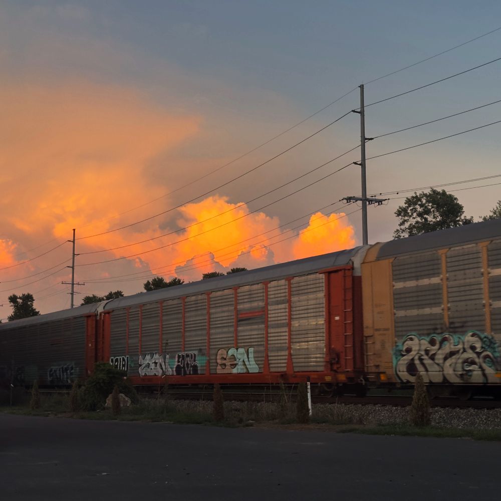 a train, in the center of the frame is a car with orange and silver metal, with graffiti along the bottom. in the background is a deep orange sunset shining through clouds, and there are power lines in front of the sky.