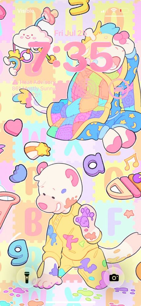 a screenshot of skylar system's iPhone lock screen. The background is artwork by @hoopsiedasie.bsky.social for @onesiesdownunder.bsky.social entitled "Rainbow Snuggles" and there is a pink clock reading "7:35" as well as a weather widget reading "Heat Advisory 86 Mostly Sunny", a set of workout rings from Apple fitness, and an EV charge indicator widget showing ~70% charge.