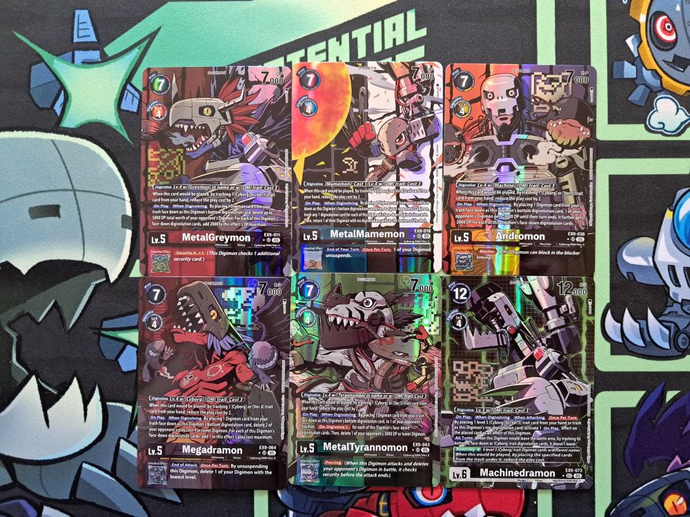 Alt arts of MetalGreymon, MetalMamemon, Andromon, Megadramon, MetalTyrannomon, and Machinedramon from the Dugimon Trading Card Game, EX9 set.