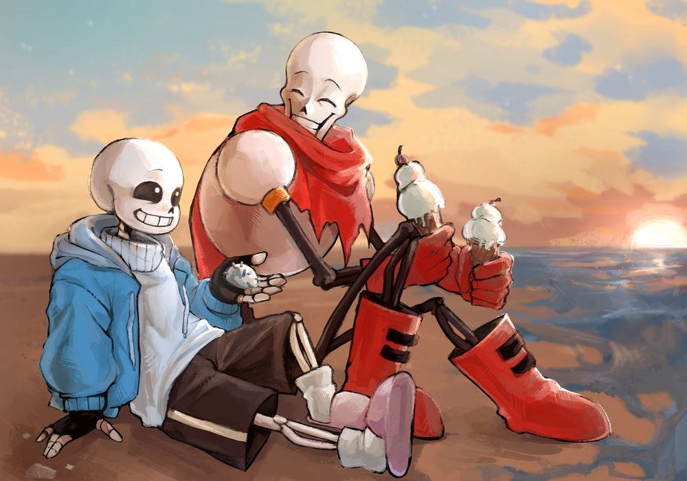 papyrus and sans eating ice cream on a beach and relaxing. artist: anaiz