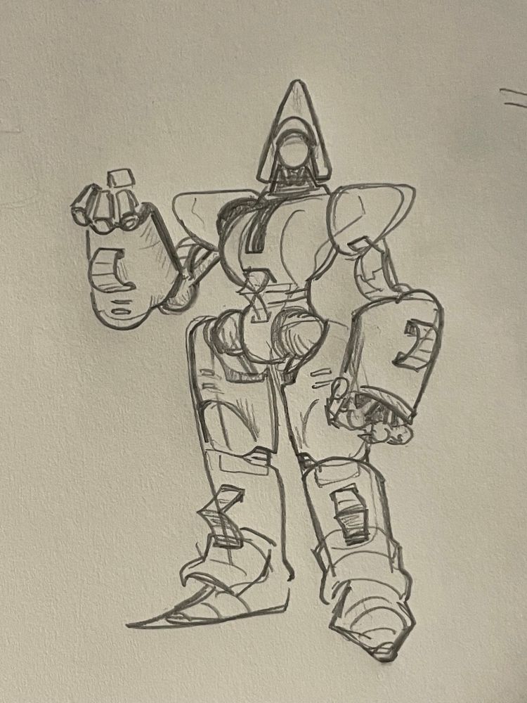 sketch of a big chunky robot with a round faceplate visible beneath the brim of a triangular hat, matching the triangular shoulders for a star silhouette. The robot stands on trunky cylindrical legs with long tapered feet. One of the big cylindrical forearms is held up in a fist